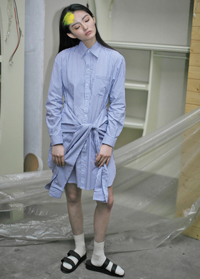 春夏独家定制 时髦bf风 绑带设计宽松条纹纯色中长款衬衫连衣裙