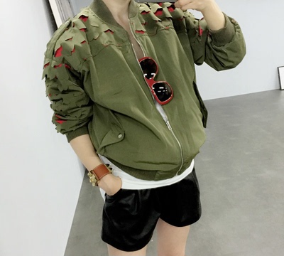 韓國東大門代購js 通勤 new york正品2015秋桃心花瓣軍綠棒球服外套女