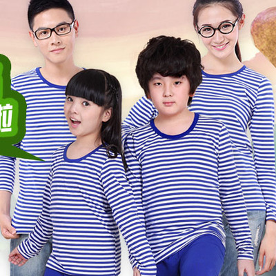 一家三口 亲子装蓝白条纹海魂海军衫中大童男女 儿童长袖圆领t恤