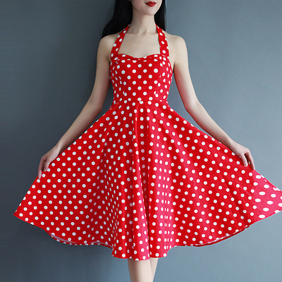 韩国ar吊带露背性感无袖露肩红色波点长裙圆点连衣裙 大摆打底裙