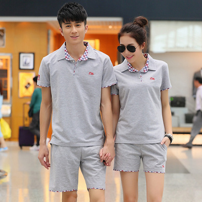[秋装上新] 李宁短袖套装男李宁纯棉情侣短袖运动套装夏季短袖t恤情侣