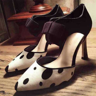 欧版斑点马毛高跟尖头凉鞋蝴蝶结细跟女鞋2016夏新豹纹中空小白鞋