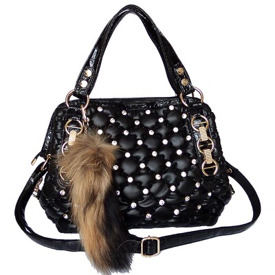 [新品特惠] 安璐琪2015新款正品女包带狐狸毛水钻单肩包时尚菱格软皮