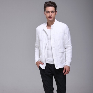 青年夹克男装棉麻料春秋装亚麻上衣青年男士冬季外套立领宽松纯色