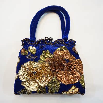 [中秋节特惠] 正品复古高档真丝绒手工亮片钉珠包晚宴手拎包女士手提