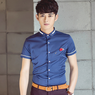 礼服 小领衬衫男短袖 礼服圆领衬衣夏季新款潮 男青年韩版修身休闲