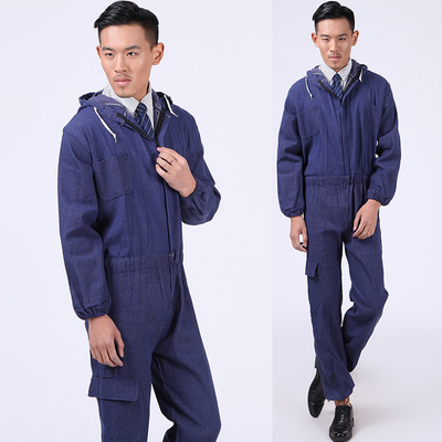 牛仔连体工作服套装男 电焊汽修喷漆防尘工装 牛仔连体劳保服包邮