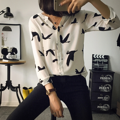 [七折不退换] hc23衬衫不能停-韩国秋女装飞鸟印花单排扣长袖雪纺衬衫