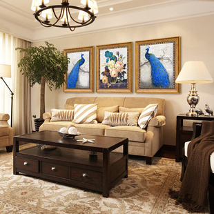 心泊客厅装饰画美式乡村挂画沙发背景墙壁画蓝孔雀墙画版画三联