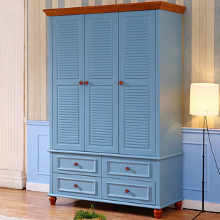 水曲柳实木定制地中海蓝色田园风格3开门衣柜婚房卧室衣橱储被柜