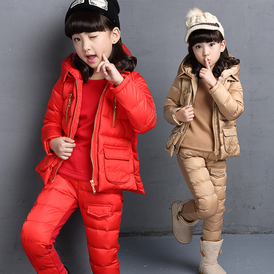 休闲 童装女童2015冬装361特步版型中大童女装加厚棉衣儿童卫衣三件套