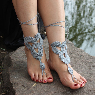 纯棉手工钩织光脚钩花脚链barefoot sandals赤足凉鞋沙滩婚礼