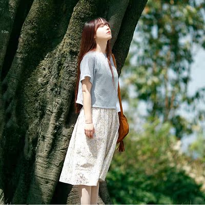日系森女风文艺小清新碎花吊带裙两件套短袖t恤 连衣裙罩衫 长裙