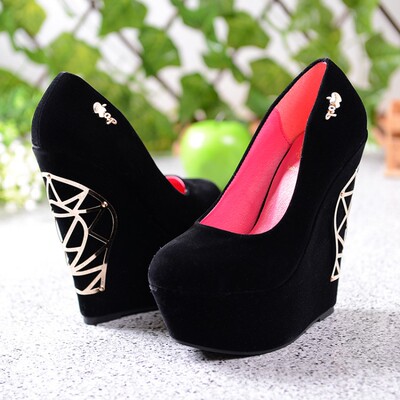 坡跟单鞋性感防水台厚底夜店ol14cm套脚女鞋磨砂超高跟黑色高跟鞋