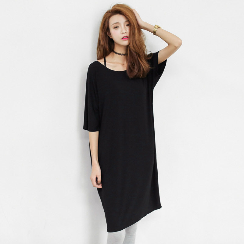 17韩版黑色宽松连衣裙大码体恤裙胖mm显瘦夏百搭中长款t恤上衣女t