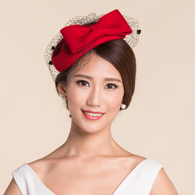 英伦复古羊毛帽子小礼帽 红色新娘大纱网头饰贝蕾帽女韩版年会帽