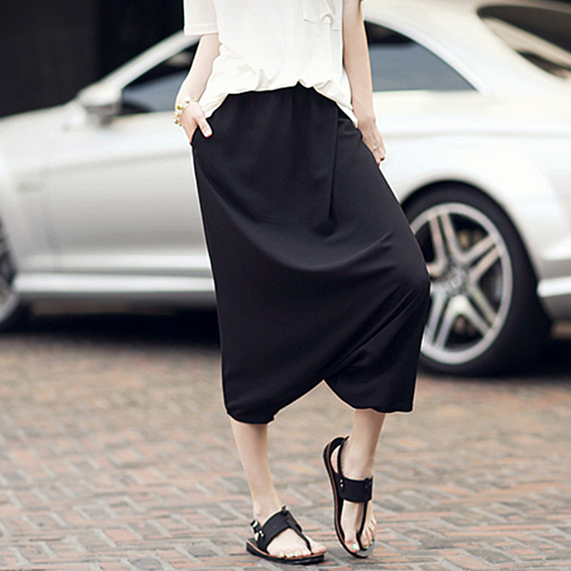 2016夏季薄款吊裆裤垮裤女裤大裆裤阔腿七分裤休闲裤黑色哈伦裤女