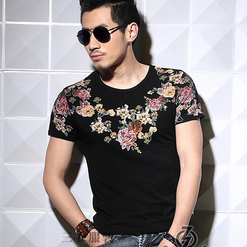 天天特价修身花半袖 男士个性t恤 印花短袖潮图案体恤纹身烫金t桖