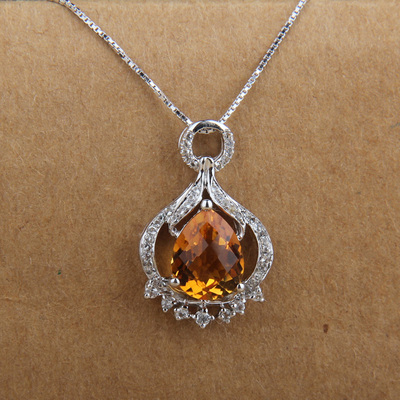 925纯银电镀18k白金天然黄水晶吊坠项链黄宝石托帕石皇冠头饰新娘