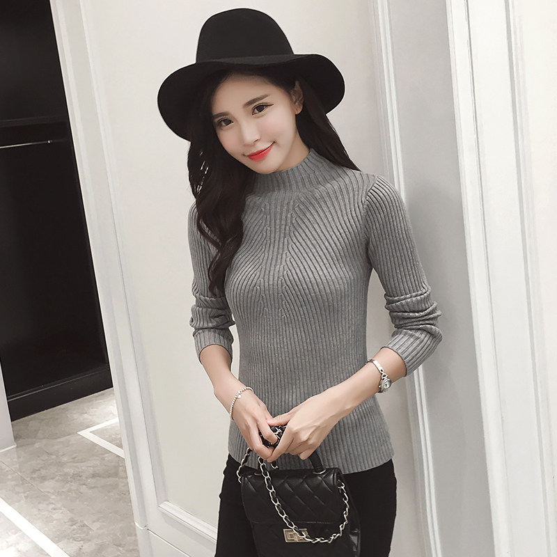 加厚紧身半高领毛衣女套头秋冬韩版学生修身线衣打底衫针织衫长袖