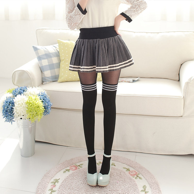 日系假高筒薄款学院风丝袜三条杠袜子大腿袜过膝袜学生裤袜高筒袜