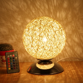 简约现代遥控七彩变色创意台灯卧室床头装饰暖光麻线藤球台灯触摸