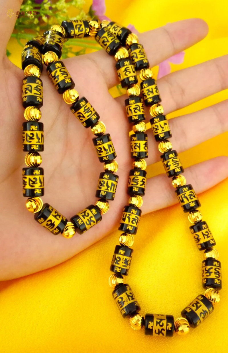 欧币金饰品男士黑曜石霸气六字真言镶金珠转运珠玛瑙项链沙金首饰