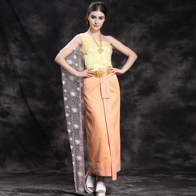 【高级定制】泰国民族服装傣族金色宫廷贵族礼服亮片蕾丝单斜披肩