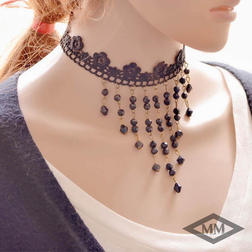 一件包邮原创黑色蕾丝流苏锁骨项链简约时尚项圈颈带脖子装饰品女