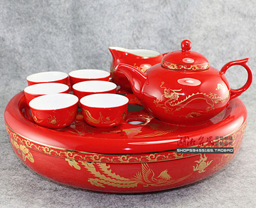 醴陵瓷器中国红瓷高档礼品龙凤呈祥8头功夫茶具套装 结婚送礼包邮