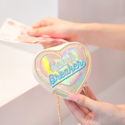 催眠刺绣桃心零钱包 学生镭射亮皮小钱包 挂绳爱心文艺清新零钱包