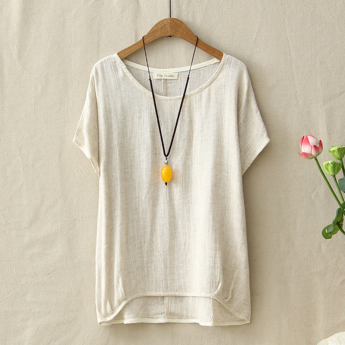 文艺复古范 宽松棉麻t恤女夏圆领短袖套头纯色亚麻上衣百搭打底