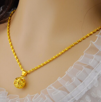 镀18金项链水波链饰品 仿金女转运珠 镂空玲珑球项链吊坠饰品