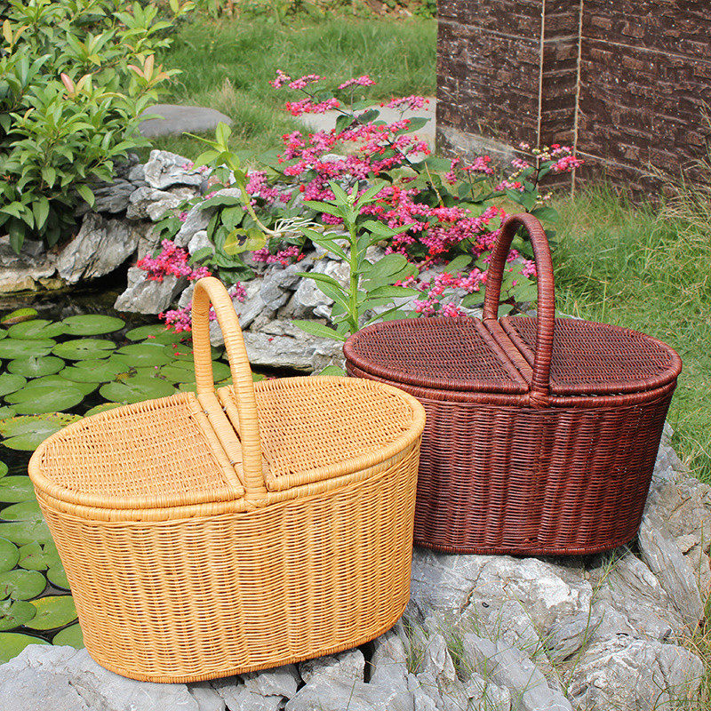 藤编带盖户外野餐篮创意手提篮翻盖水果篮子食品收纳篮大号菜篮子