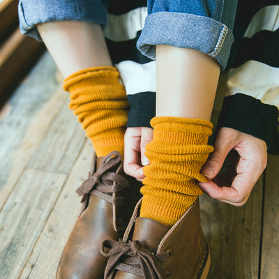 秋冬纯棉高帮长袜韩版纯色堆堆袜女士日系中筒袜素色打底袜子