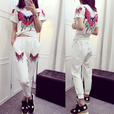 欧洲站2016春夏新款纯棉蝴蝶印花短袖女修身运动套装休闲两件套潮