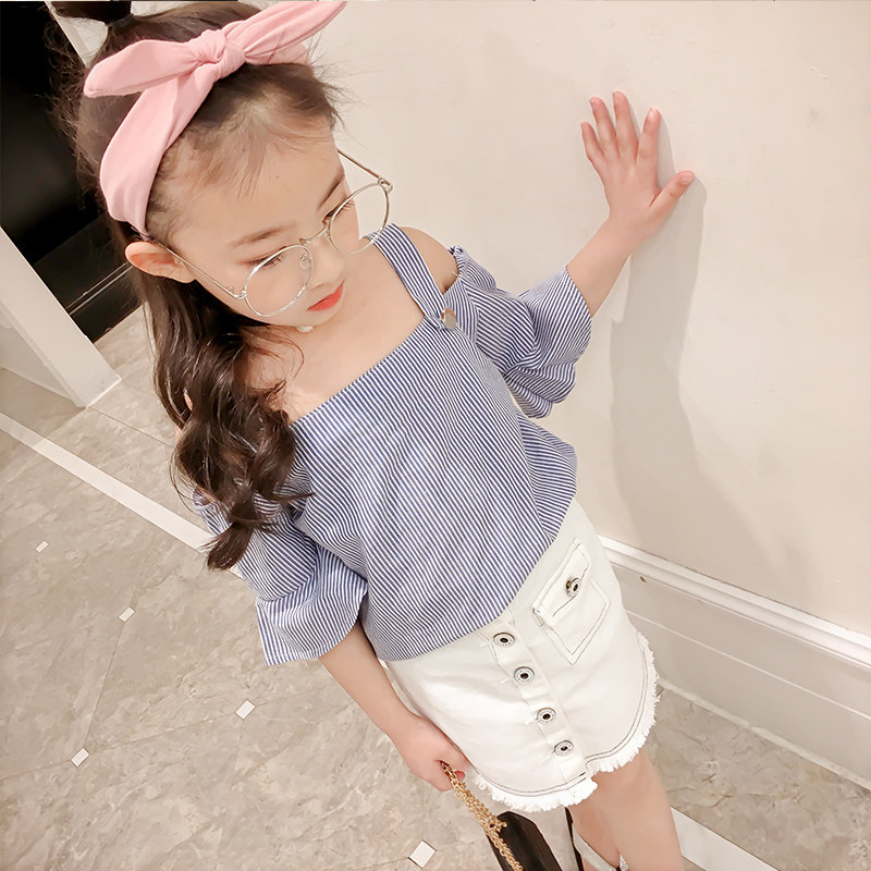 蘑哩2017夏季新款韩国露肩一字领条纹短袖衬衫衬衣女孩子儿童夏装