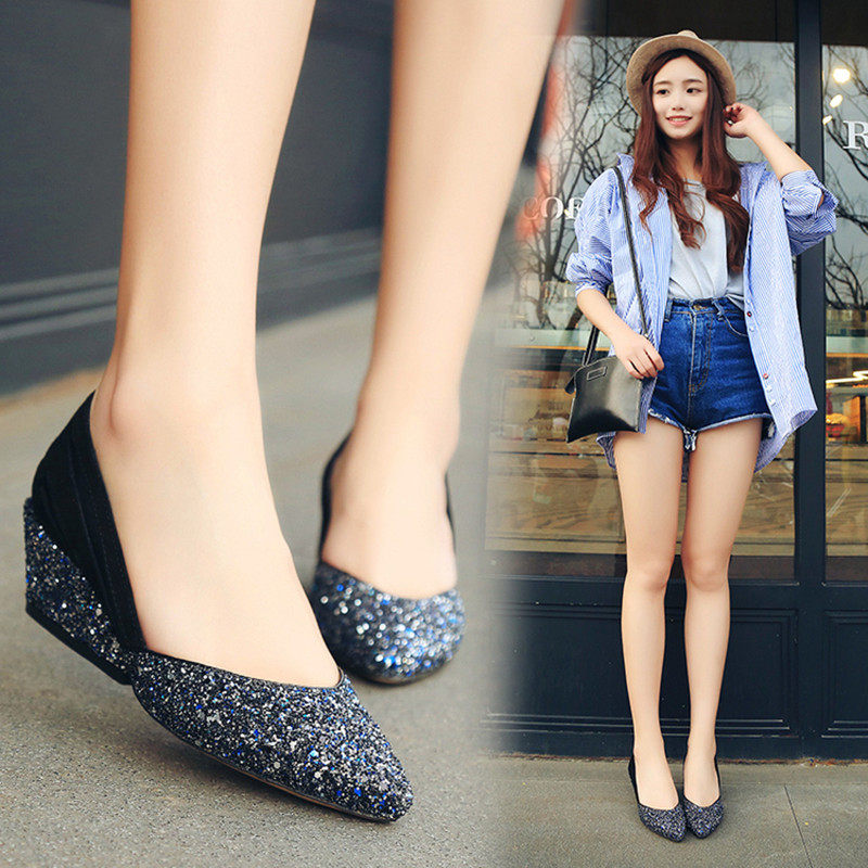 春秋单鞋坡跟船鞋韩版中跟 2016百搭时尚亮片黑色浅口鞋尖头女鞋