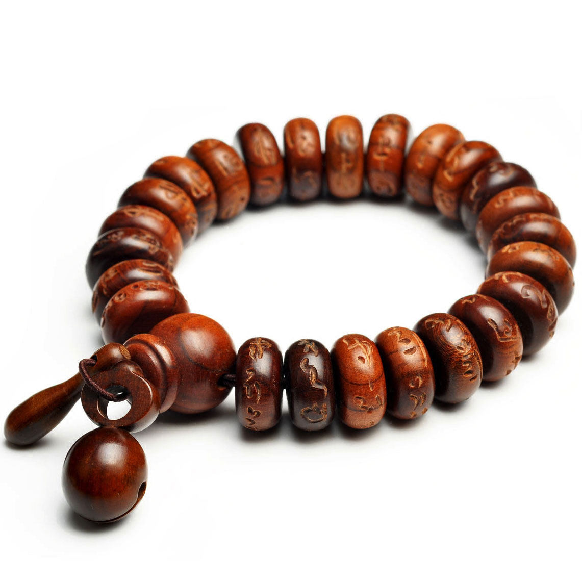 风水阁天然桃木六字真言木鱼佛珠手链 手工雕刻手串 男女情侣款