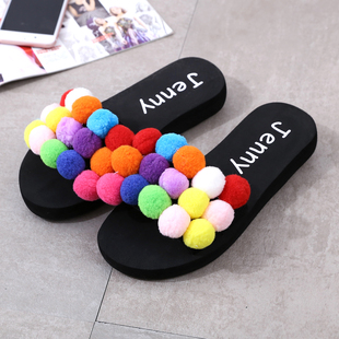 毛毛球卡通拖鞋女夏时尚外穿韩版可爱舒适学生防滑黑色孕妇一字拖