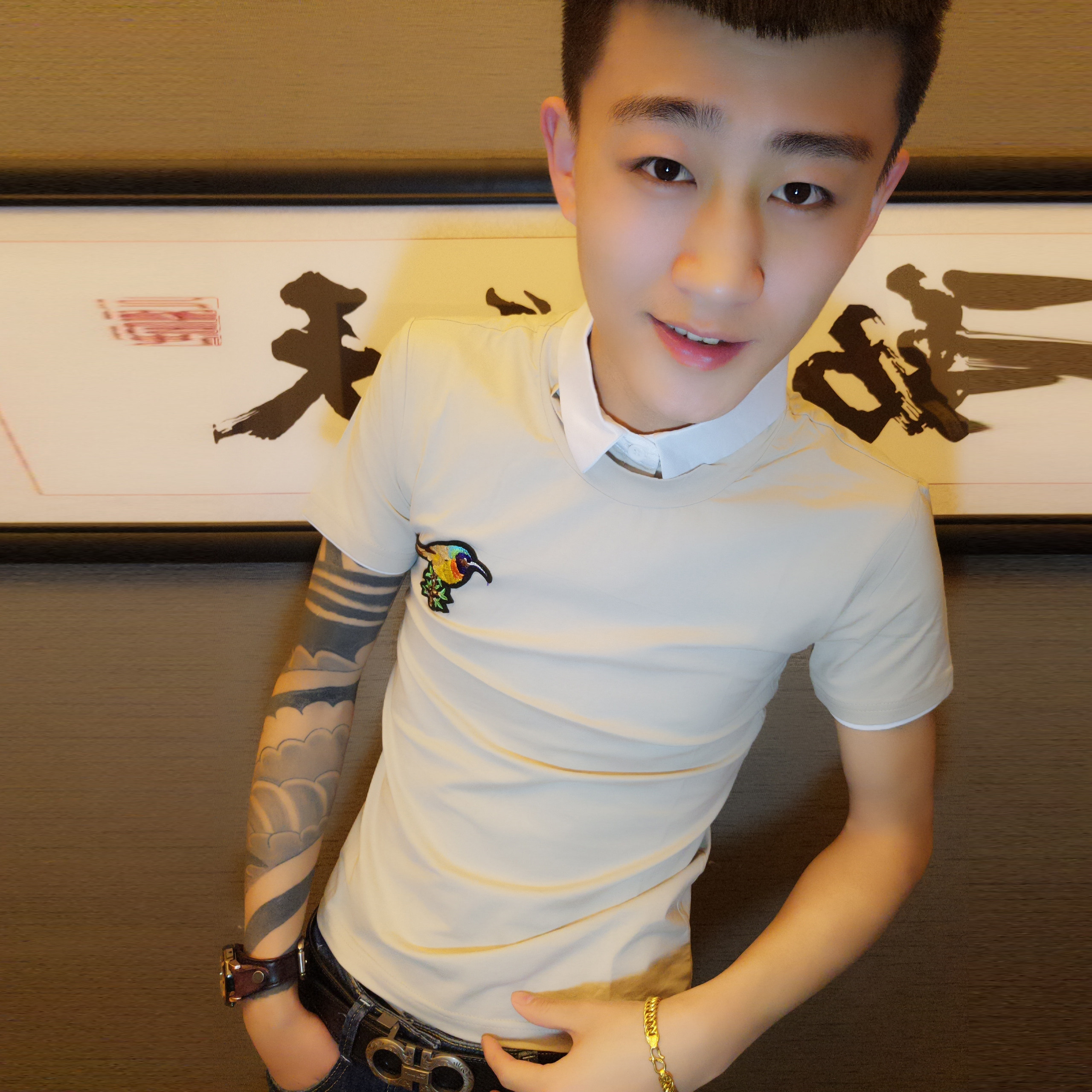 快手红人网红同款长袖t恤男修身版拼接高领保暖打底衫紧身套头衫