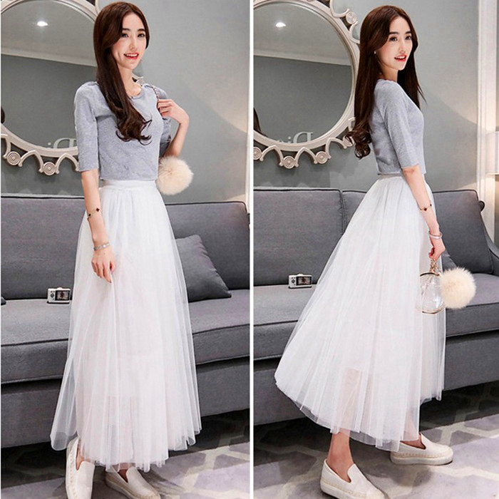 白色网纱半身裙中长款夏高腰蓬蓬显瘦百褶长裙学生仙女纱裙a字裙