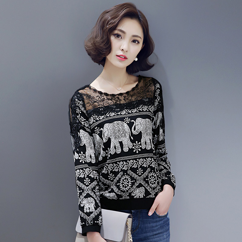 2017春秋季新款女装大码宽松t恤韩版镂空露肩蕾丝打底衫长袖上衣