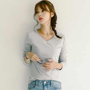 秋季上衣女2017新款长袖t恤女士衣服纯棉修身显瘦体恤打底衫v领潮