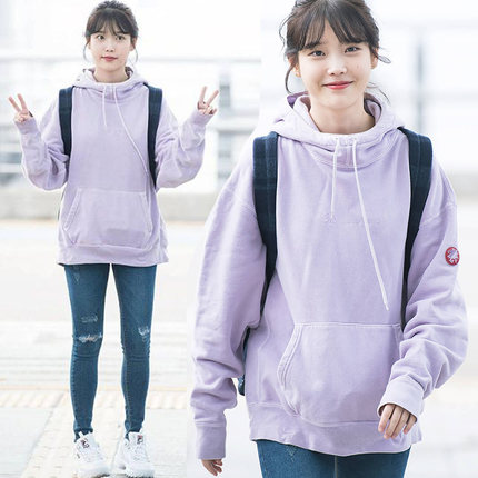 韩版iu李智恩同款白色花朵涂鸦字母学生宽松连帽卫衣潮早秋新款_7折