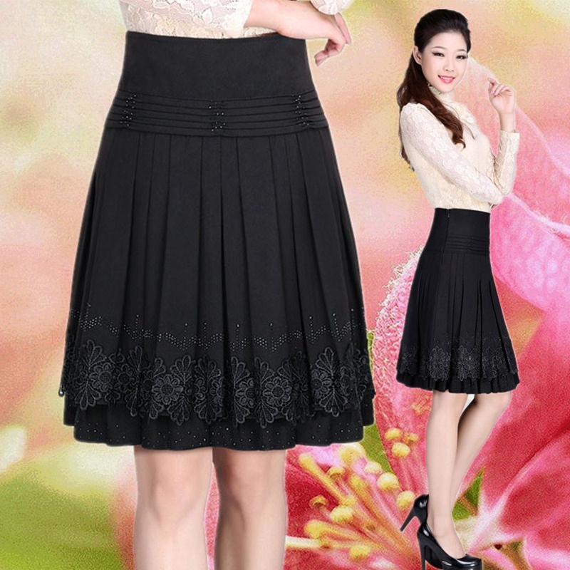 中老年妈妈群子半身裙女春装秋冬季大码短裙中年中长款大摆裙春天