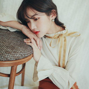 韩国官网代购┃sugarsupermi系带荷叶边袖气质衬衫