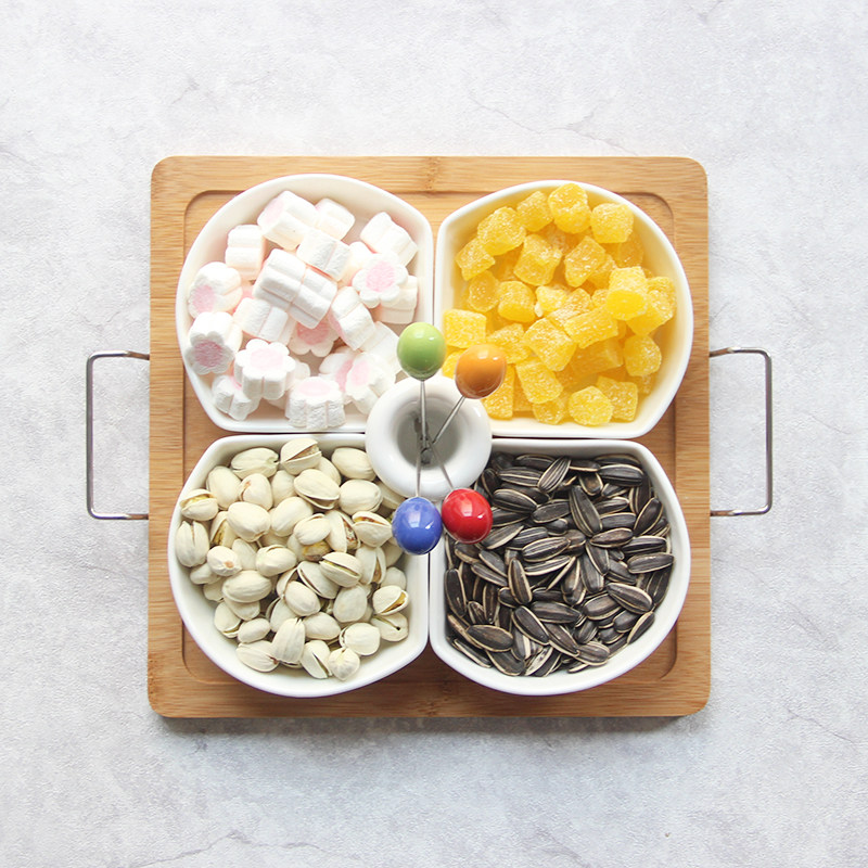 日式干果拼盘陶瓷多格水果盘创意零食点心小吃瓜子坚果盘含盖托盘