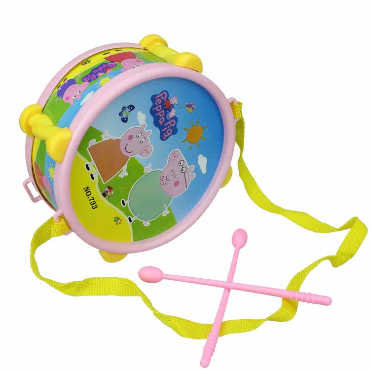 挂脖子带绳手敲鼓 儿童乐器手拍鼓宝宝敲打鼓玩具 双面鼓玩具鼓