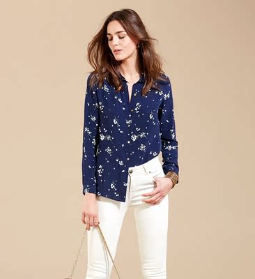 2016春夏 法国小众 纯真丝双绉 清爽蓝底白花 长袖衬衫衬衣